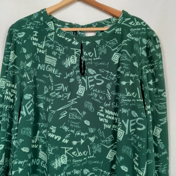 Melissa McCartney Seven Shirt Blouse Plus Size 2X Green Graffiti Long Sleeve Top - Picture 12 of 16